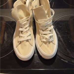 Canvas High-Top Sneakers in Cream - Women's Casual Lace-Up